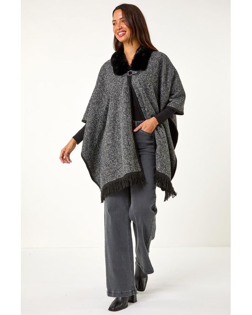 Roman Black Faux Fur Fringe Hem Poncho