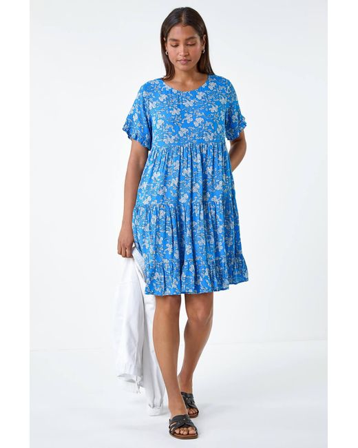 Roman Blue Ditsy Floral Print Tiered Smock Dress