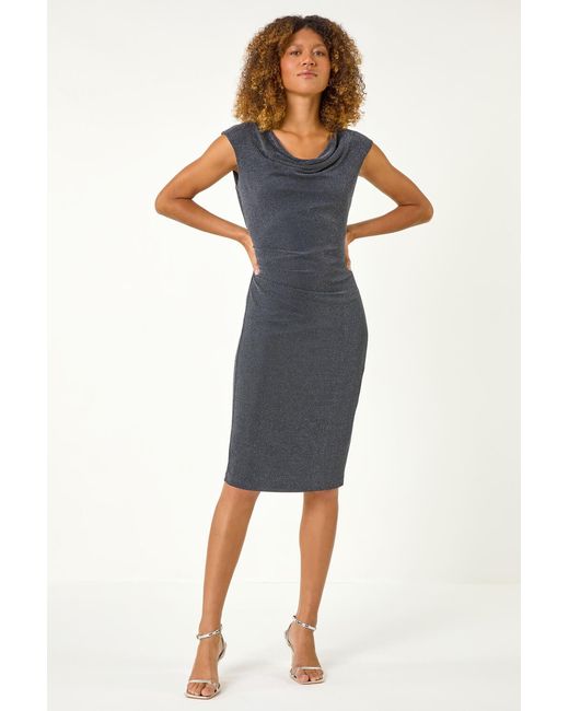 Roman Blue Shimmer Cowl Neck Stretch Dress