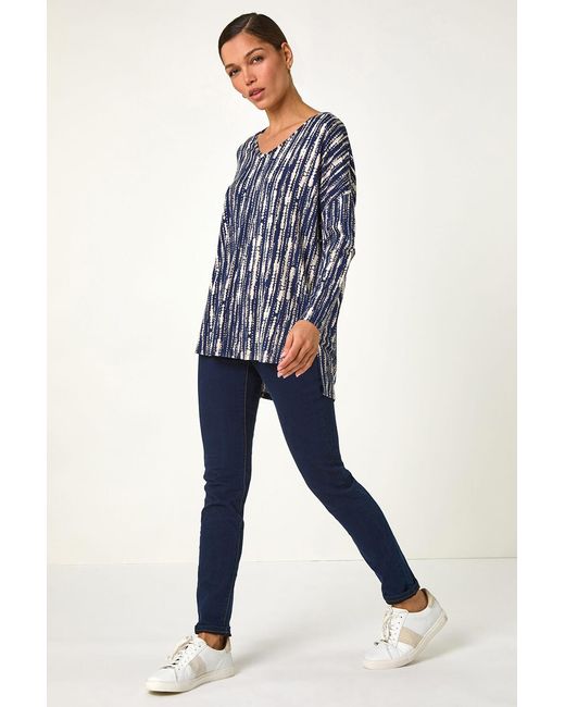 Roman Blue Abstract Print V-Neck Tunic Stretch Top