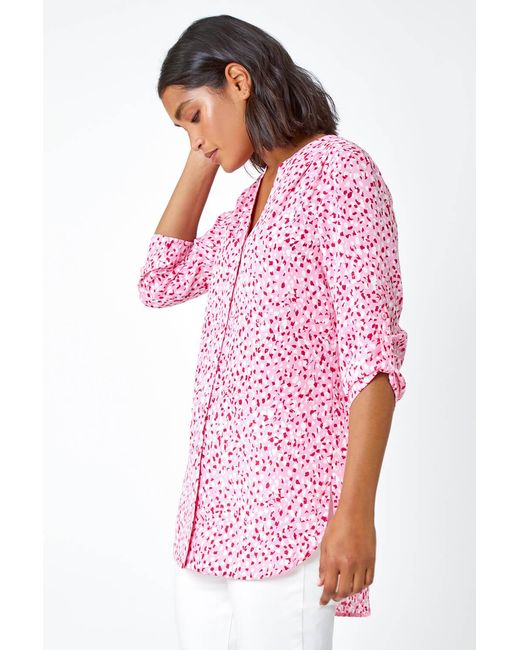 Roman Pink Ditsy Print Button Up V-Neck Blouse