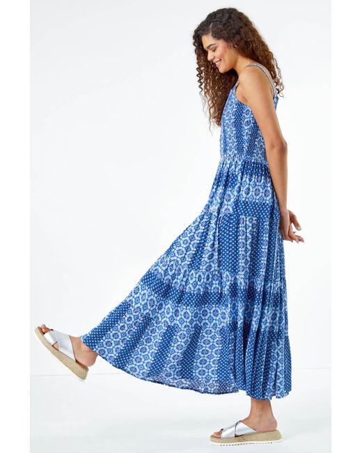 Roman Blue Printed Shirred Bodice Maxi Dress
