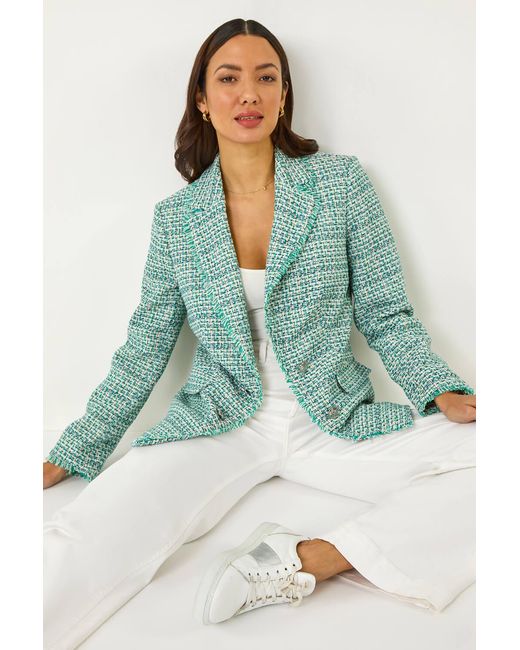Roman Green Check Frayed Edge Boucle Button Jacket