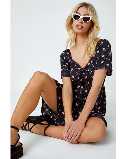 D.u.s.k Black Floral Print Frill Hem Mini Dress