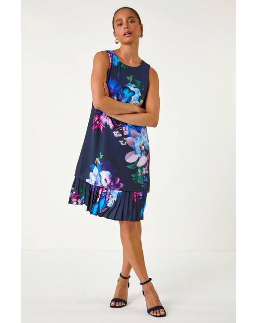 Roman Petite Blue Floral Print Pleated Hem Shift Dress