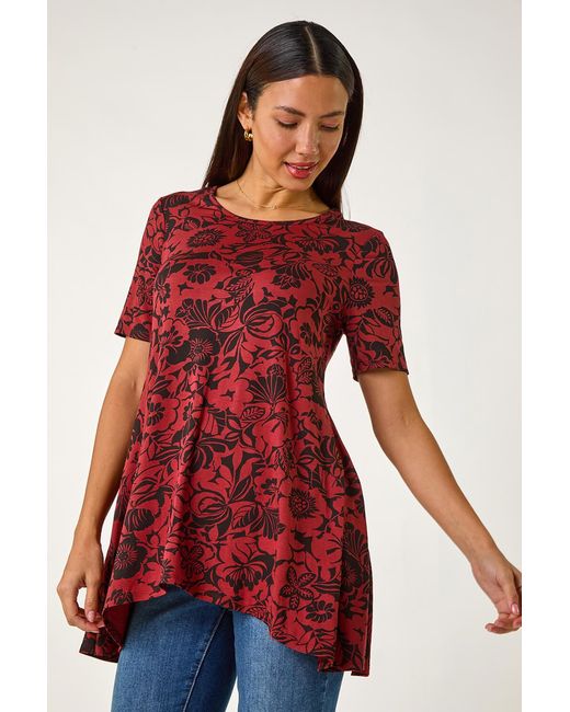 Roman Red Floral Print Hanky Hem Tunic Top