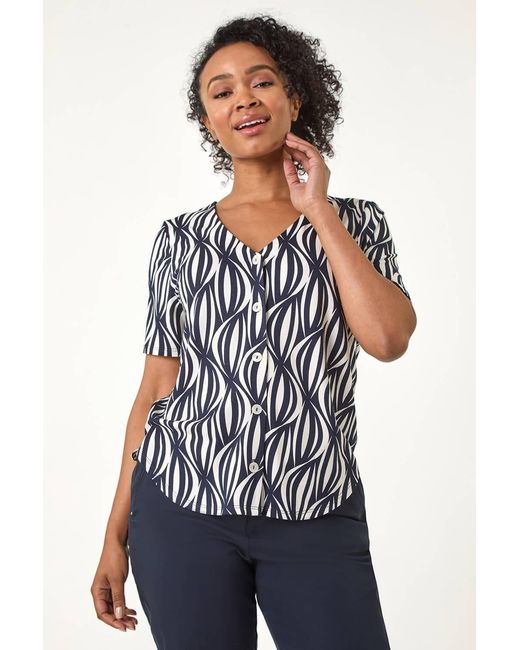 Roman Petite White Geo Print V-Neck Stretch Blouse