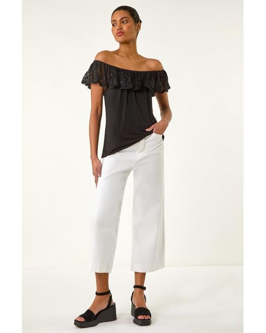 Roman Black Lace Trim Bardot Top