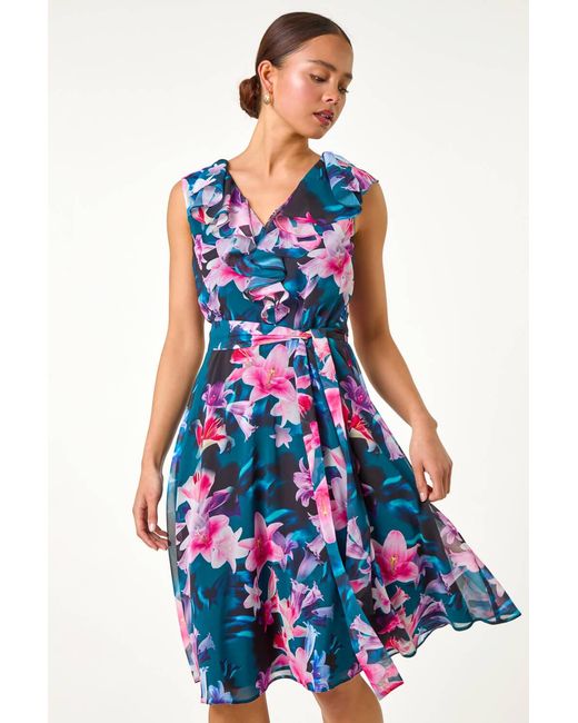 Roman Petite White Frill Detail Floral Dress