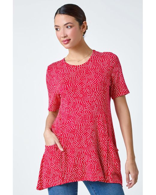 Roman Red Abstract Print Pocket Tunic Top