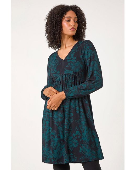 Roman Blue Floral Contrast Trim Stretch Dress