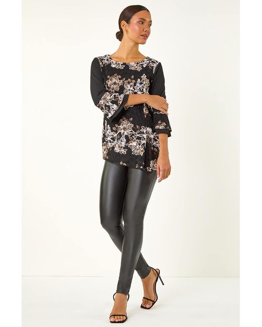 Roman Black Floral Print Lace Asymmetric Hem Top