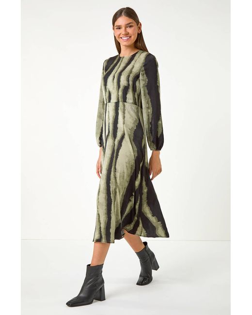 Roman Green Shadow Stripe Print Midi Dress