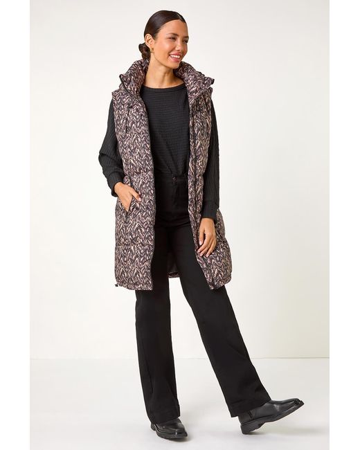 Roman Black Chevron Print Longline Hooded Gilet