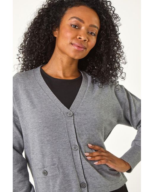 Roman Petite Gray Buttoned Knit Cardigan
