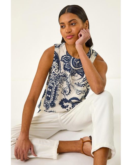 Roman Blue Paisley Print Shell Top