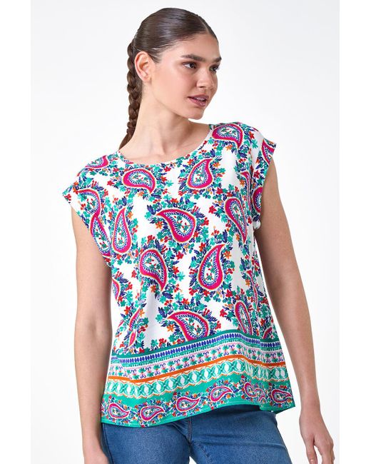 Roman Blue Paisley Print Short Sleeve Top