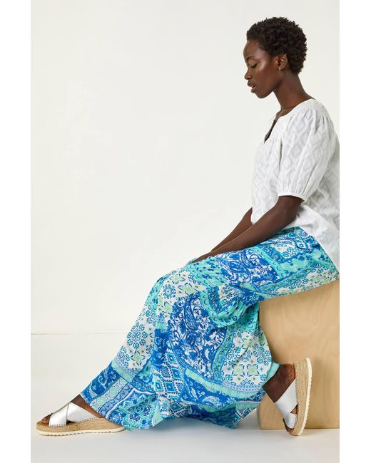Roman Blue Patchwork Shimmer Tiered Maxi Skirt