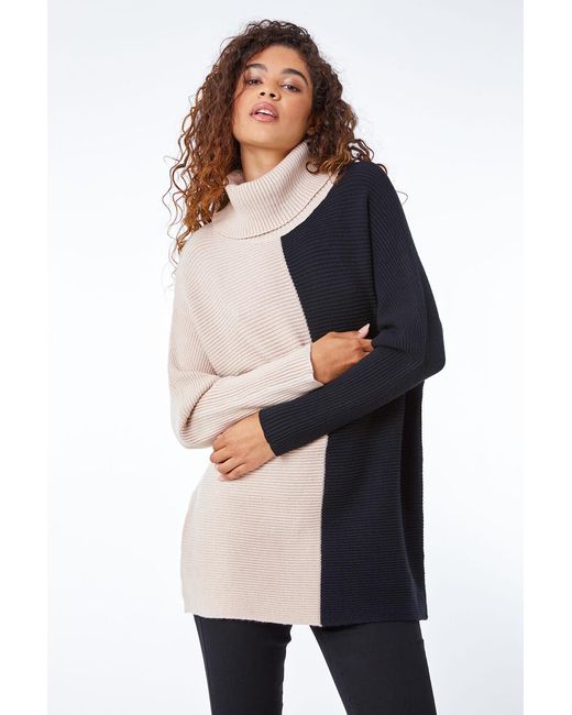 Roman Black Colour Block Longline Roll Neck Jumper