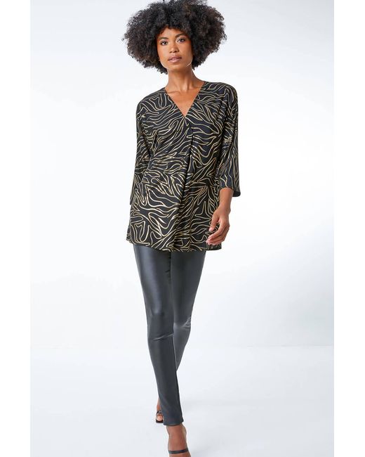 Roman Black Metallic Print V-Neck Tunic Top