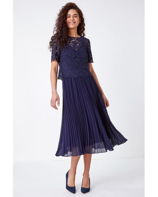 Roman Blue Lace Top Overlay Pleated Midi Party Occasion Dress
