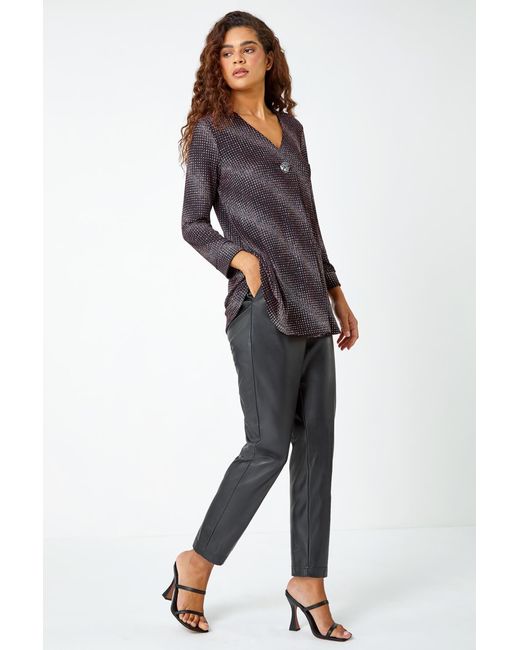 Roman Purple Shimmer Stripe Print V-Neck Tunic Top