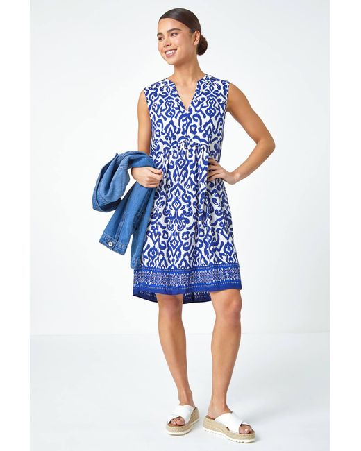 Roman Petite Blue Sleeveless Aztec Print Tunic Dress