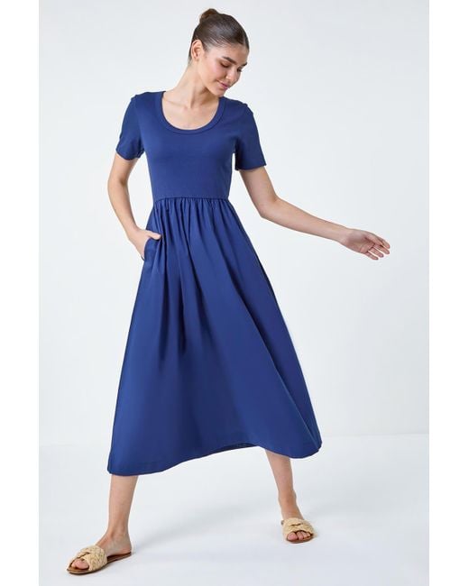 Roman Blue Cotton Stretch Jersey Mix Midi Dress