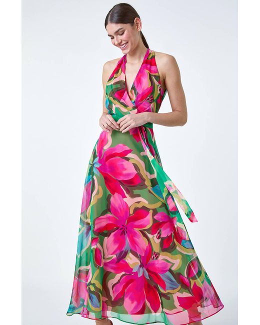 Roman Pink Floral Print Halterneck Maxi Dress
