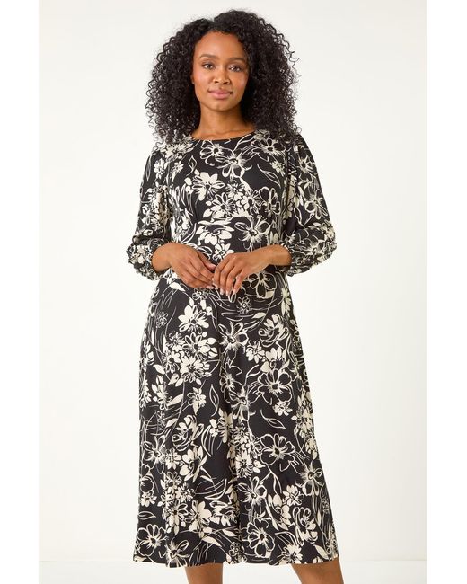 Roman Petite Black Floral Stretch Midi Dress