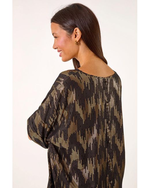 Roman Black Foil Print Button Detail Oversized Tee