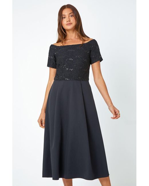 Roman Black Lace Bardot Midi Stretch Dress