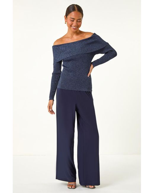 Roman Petite Blue Metallic Bardot Knit Top