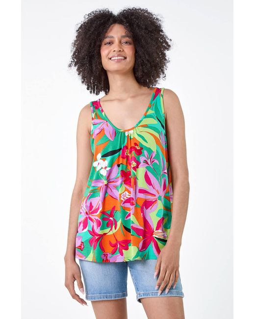 Roman White Tropical Print V-Neck Stretch Vest