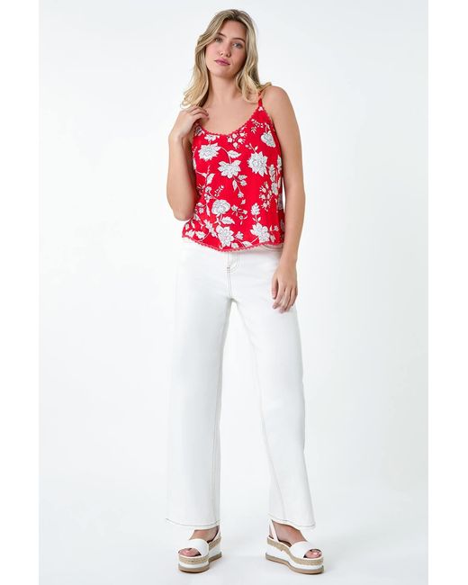 D.u.s.k Red Ditsy Floral Lace Trim V-Neck Top