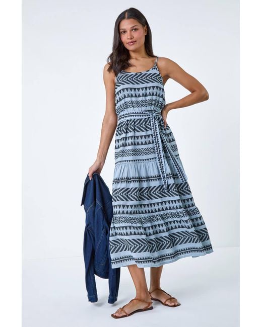 Roman Blue Aztec Cotton Tiered Midi Dress