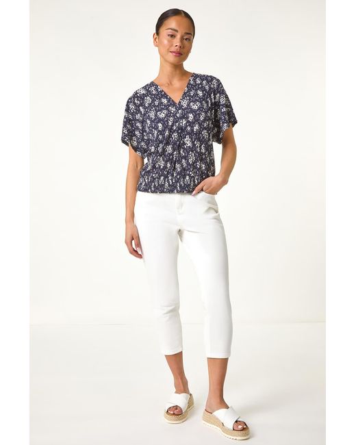Roman Petite Blue Floral Print Crinkle Blouson Top