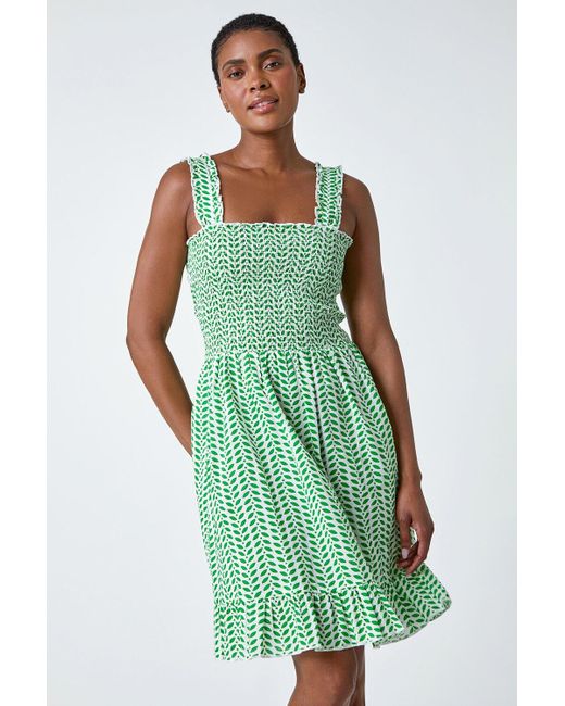 Roman Green Zig Zag Print Shirred Cotton Dress