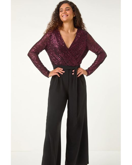 Roman Blue Sequin Wrap V-Neck Stretch Jumpsuit