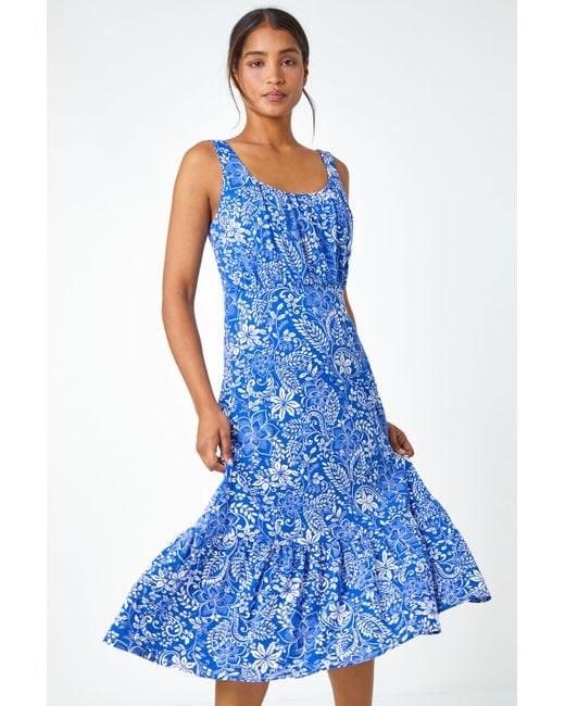 Roman Blue Floral Frill Hem Stretch Midi Dress