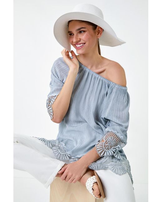 Roman Blue Lace Trim Textured Bardot Tunic Top