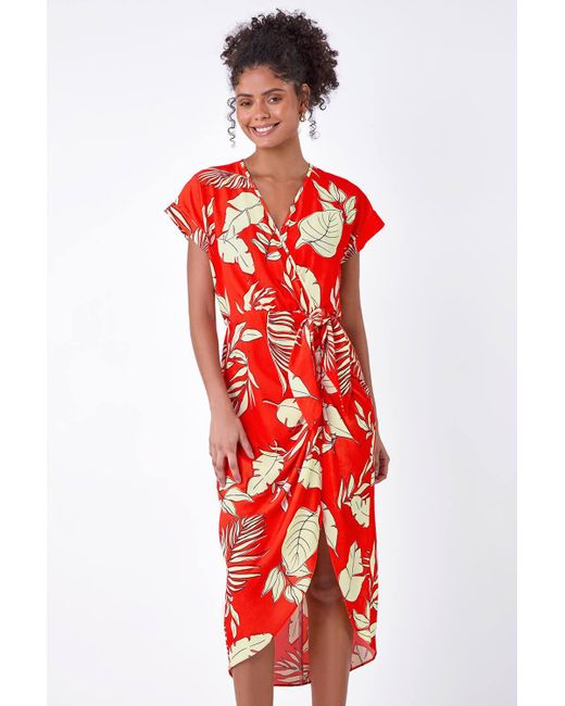 D.u.s.k Red Fashion Floral Tie Detail Wrap Dress