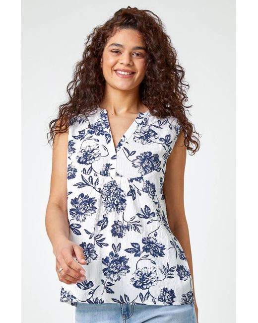 Roman Blue Sleeveless V-Neck Floral Print Vest
