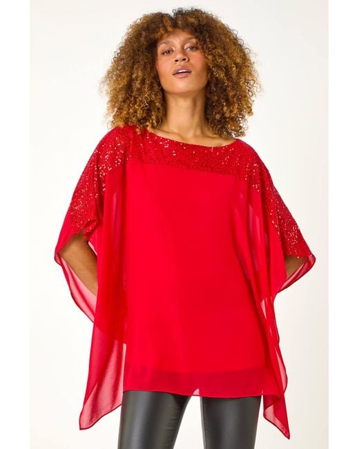 Roman Red Sequin Yoke Contrast Chiffon Top