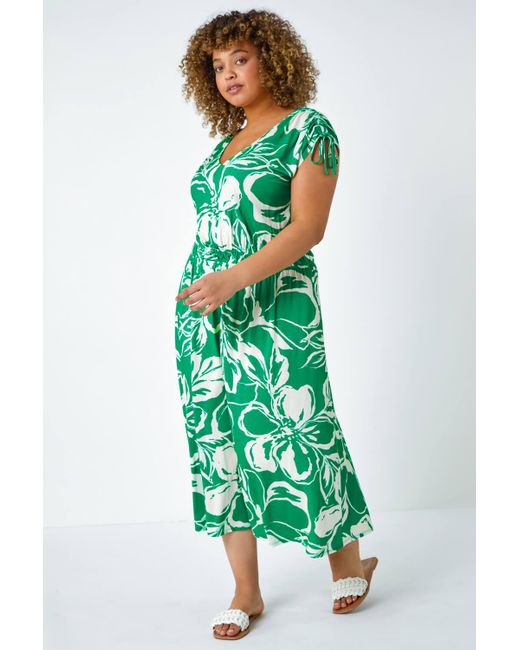 Roman Green Originals Curve Floral Print Ruched Stretch Midi Dress