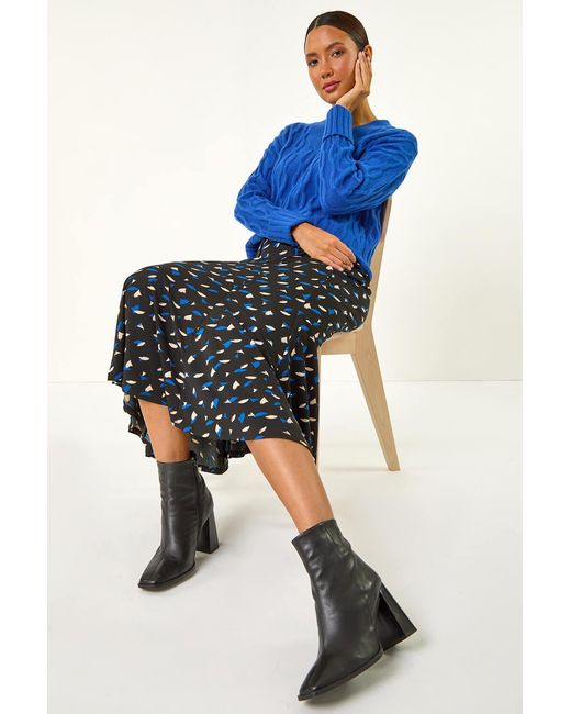 Roman Blue Geo Print Asymmetric A-Line Skirt