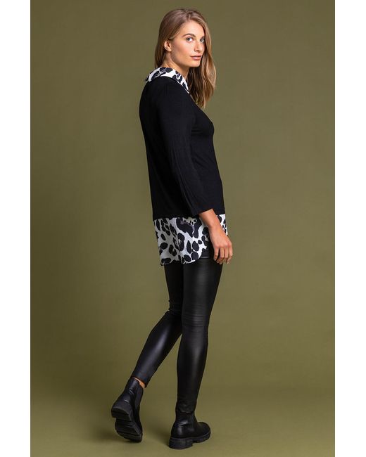 Roman Gray Contrast Detail Animal Print 3/4 Sleeve Top
