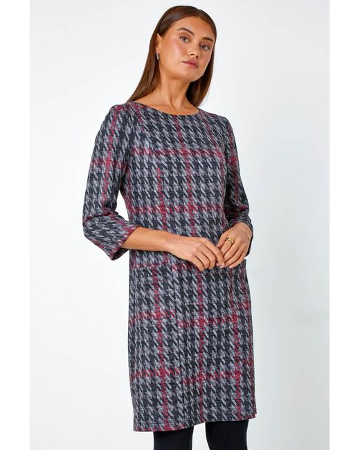 Roman Blue Houndstooth Pocket Shift Stretch Dress