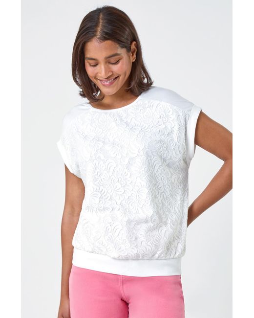 Roman White Lace Panel Stretch Jersey Top