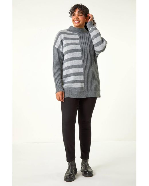 Roman Curve Gray Contrast Stripe High Neck Jumper